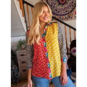 Natural Life Esme Button Down Shirt Rust Mixed Floral Size Small